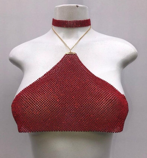 Women Sexy Sparkling Bling Metal Chain Halter Top