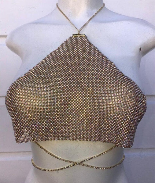 Women Sexy Sparkling Bling Metal Chain Halter Top