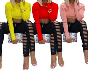 Women Fashion Two Piece Cut Out Crop Top Pant Set