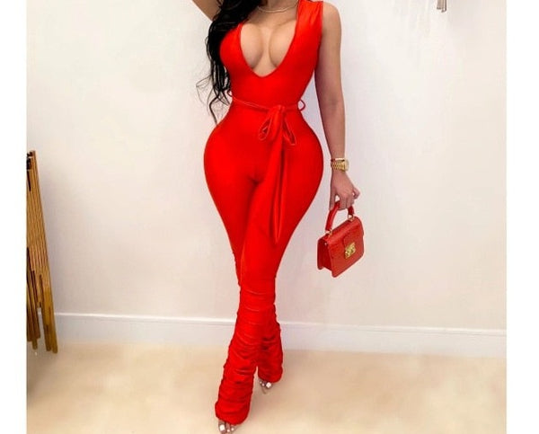 Women Sexy Solid Color Sleeveless Ruched Belted Jumpsuit