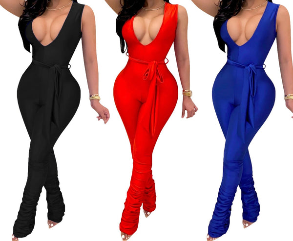 Women Sexy Solid Color Sleeveless Ruched Belted Jumpsuit