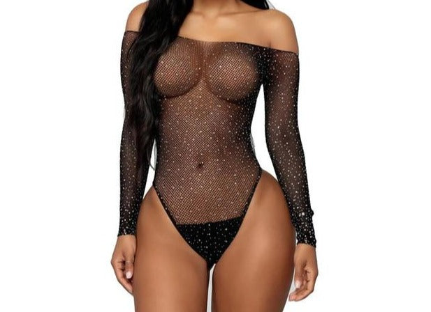 Women Sexy Fishnet Rhinestone Black Bodysuit Top