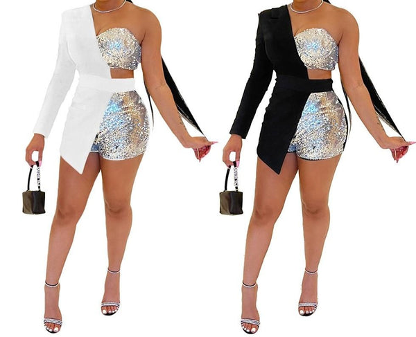 Women Sequin Sexy One Shoulder Fashion Romper