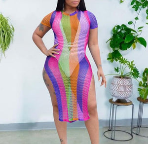 Women Rainbow Striped Mesh Cover Up Dress