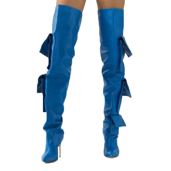 Women Fashion Blue Leather Pocket Design High Heel Boots