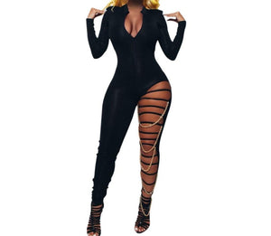 Women Sexy Black Long Sleeve Ripped Chain Jumpsuit