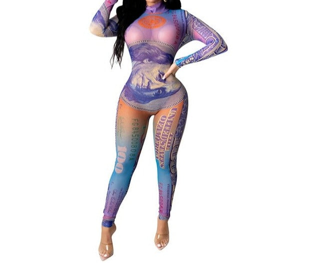 Women Sexy Sheer Money Print Long Sleeve Fashion Jumpsuit