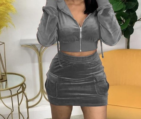 Women Velour Two Piece Hooded Crop Mini Skirt Set