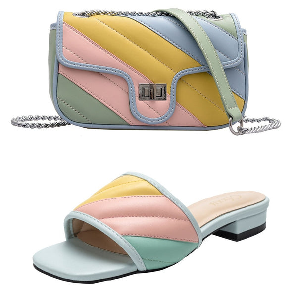 Women Colorful Fashion Faux Leather Slide On Sandals/Handbag
