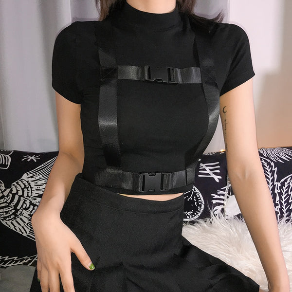 Women Black Buckle Fashion Short Sleeve Crop Top