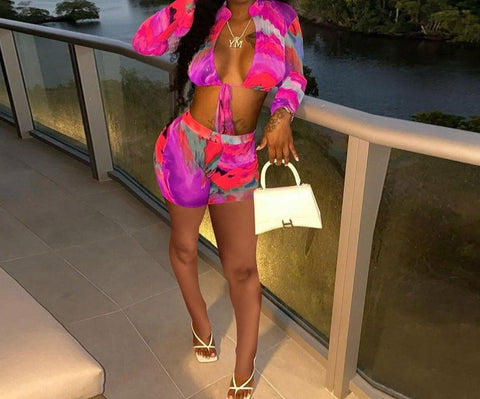 Women Sexy Colorful Long Sleeve Crop Two Piece Short Set