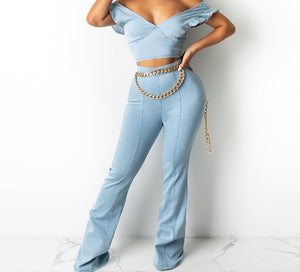 Women Off The Shoulder Two Piece Fashion Denim Pant Set