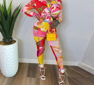 Women Fashion Two Piece Multicolored Print Button Up Pant Set