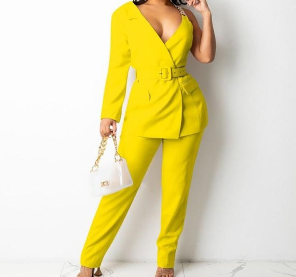 Women One Shoulder Full Sleeve Belted Blazer Two Piece Pant Set