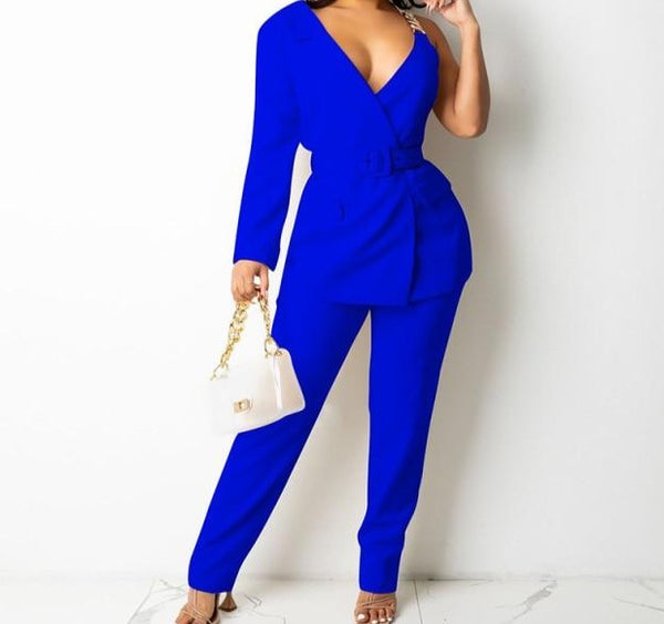 Women One Shoulder Full Sleeve Belted Blazer Two Piece Pant Set
