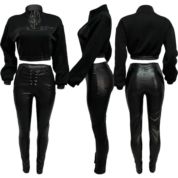 Women Faux Leather Fashion Black Two Piece Pant Set