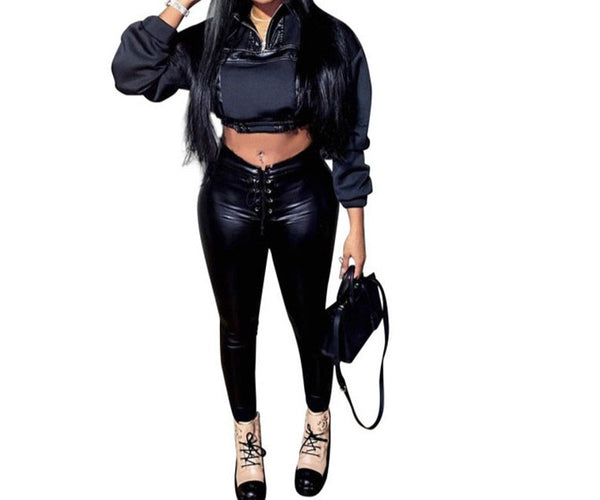 Women Faux Leather Fashion Black Two Piece Pant Set