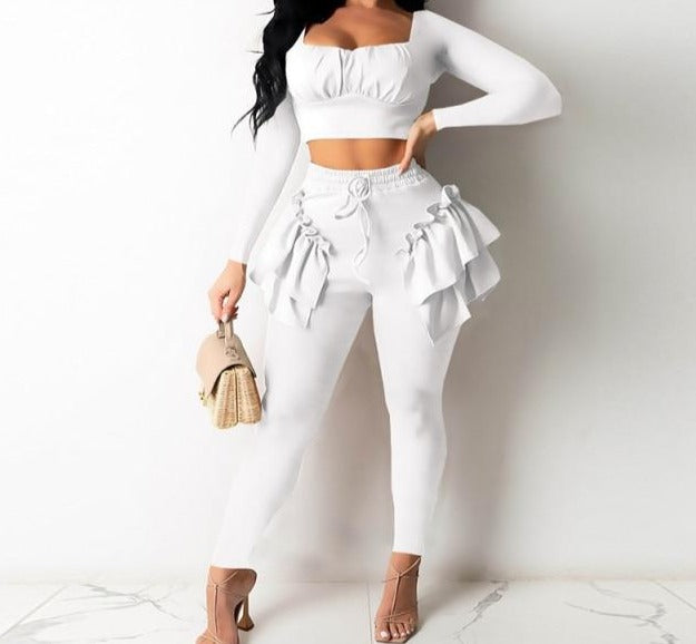 Women Fashion Ruffled Two Piece Crop Pant Set