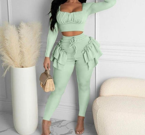 Women Fashion Ruffled Two Piece Crop Pant Set