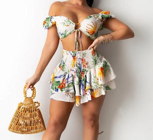 Women Floral Print Fashion Off The Shoulder Two Piece Skirt Set
