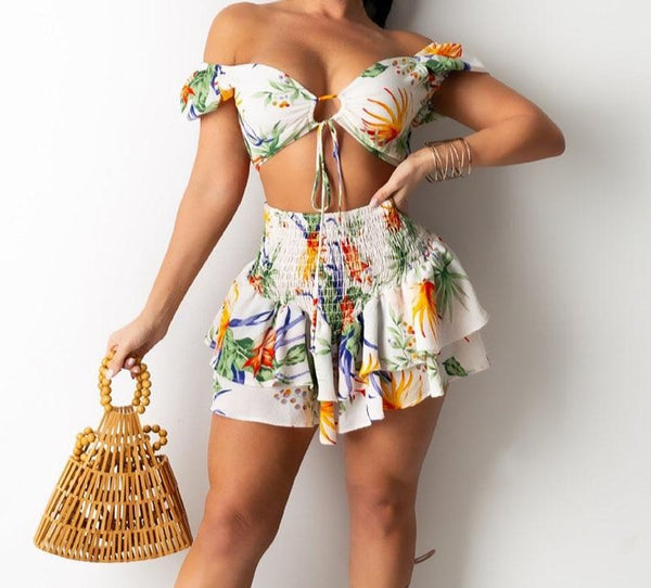 Women Floral Print Fashion Off The Shoulder Two Piece Skirt Set