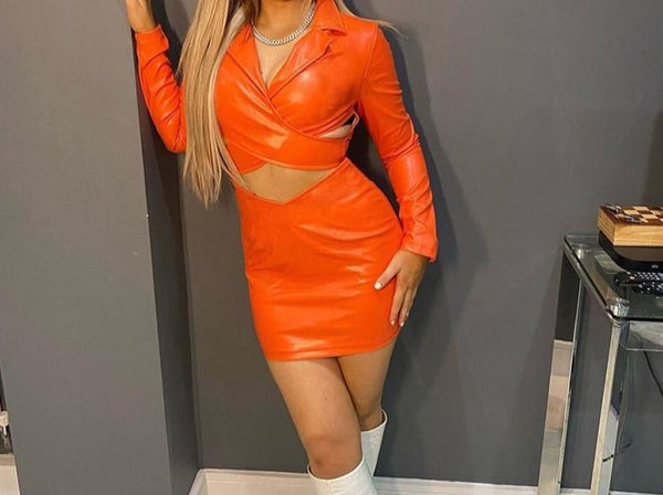 Women Sexy Orange PU Cut Out Collar Full Sleeve Dress