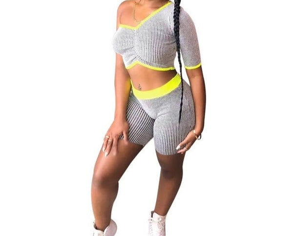 Women Fashion Striped Two Piece One Shoulder Short Set