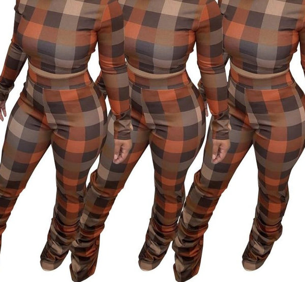Women Plaid Two Piece Full Sleeve Ruche Fashion Pant Set