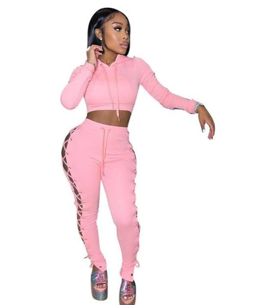 Women Fashion Hooded Cut Out Two Piece Pant Set