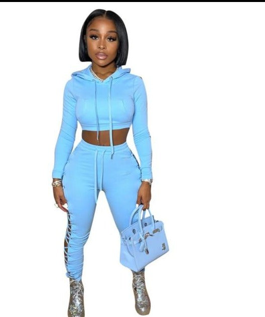 Women Fashion Hooded Cut Out Two Piece Pant Set