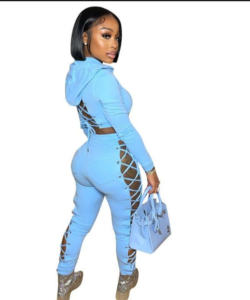 Women Fashion Hooded Cut Out Two Piece Pant Set