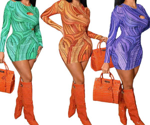 Women Long Sleeve Color Printed Sexy Fashion Mini Dress