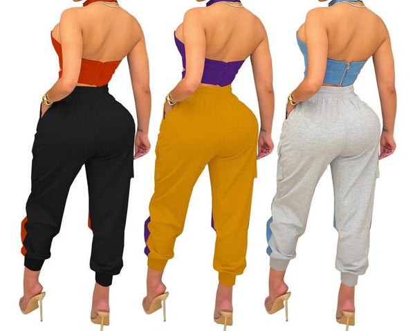 Women Halter Two Piece Color Patchwork Cargo Pant Set