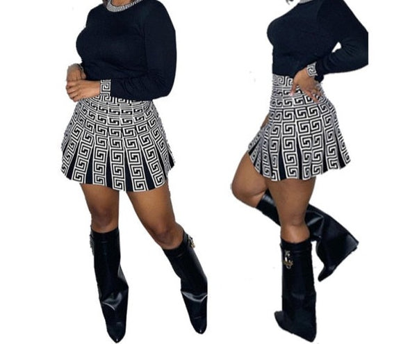 Women Printed Patchwork Fashion Full Sleeve Pleated Skirt Set