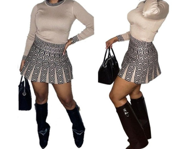 Women Printed Patchwork Fashion Full Sleeve Pleated Skirt Set