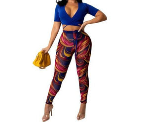 Women Two Piece Colorful Print Short Sleeve Crop Pant Set