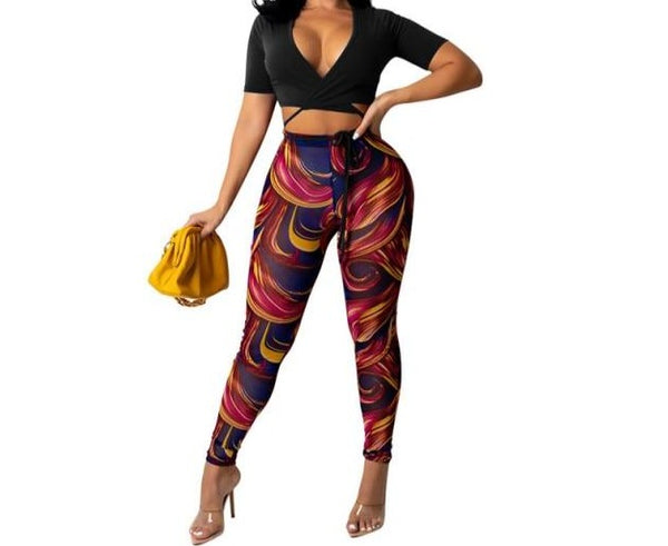 Women Two Piece Colorful Print Short Sleeve Crop Pant Set