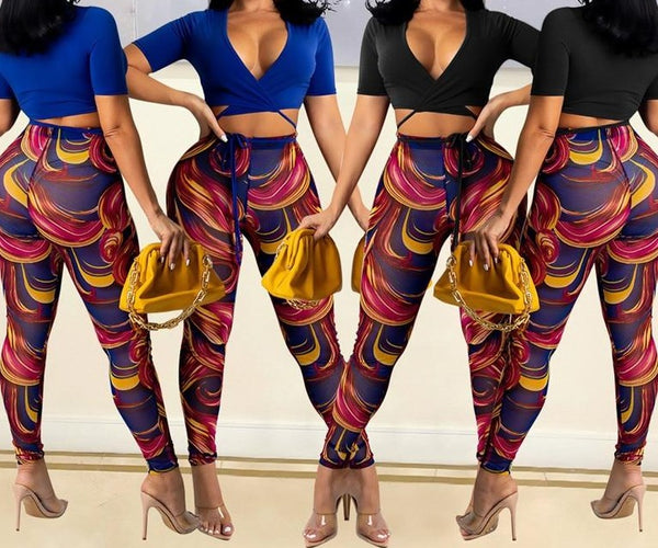 Women Two Piece Colorful Print Short Sleeve Crop Pant Set