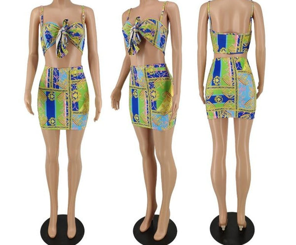 Women Sexy Colorful Print Two Piece Fashion Sleeveless Skirt Set