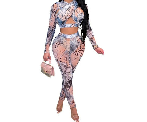 Women Sexy Printed Mesh Cut Out Crop Backless Two Piece Pant Set