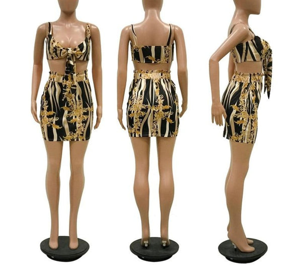 Women Fashion Black/Gold Two Piece Skirt Set