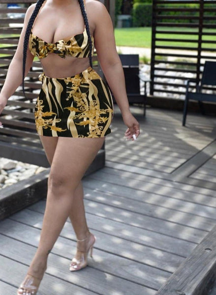 Women Fashion Black/Gold Two Piece Skirt Set
