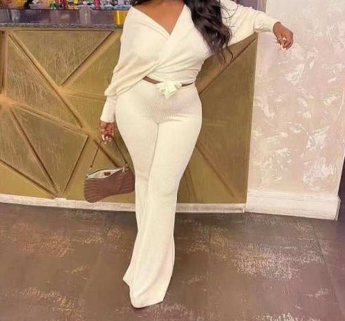 Women Two Piece Ribbed Fashion Solid Color Long Sleeve Pant Set