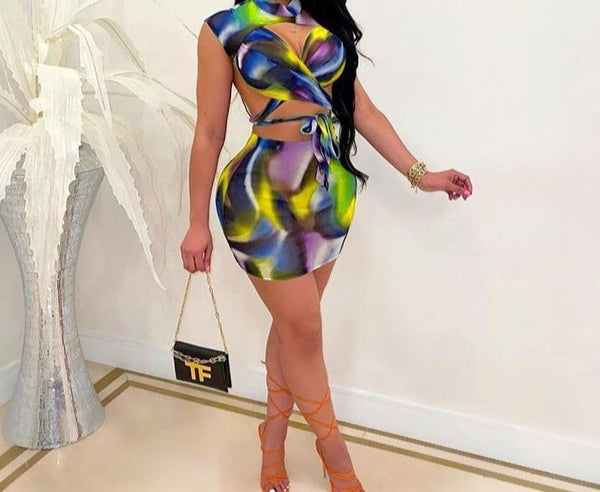 Women Colorful Two Piece Sexy Lace Up Skirt Set