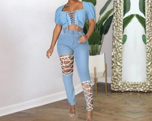 Women High Waist Lace Up Fashion Denim Pants