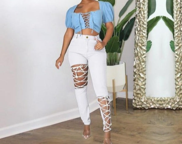 Women High Waist Lace Up Fashion Denim Pants