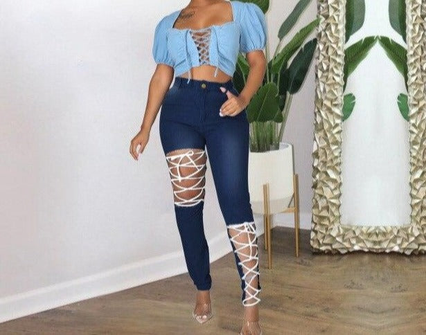 Women High Waist Lace Up Fashion Denim Pants