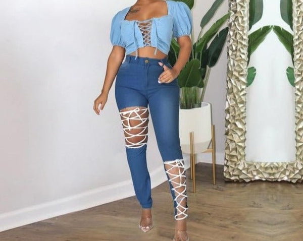 Women High Waist Lace Up Fashion Denim Pants