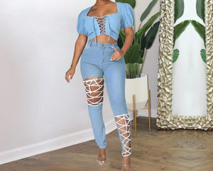 Women High Waist Lace Up Fashion Denim Pants