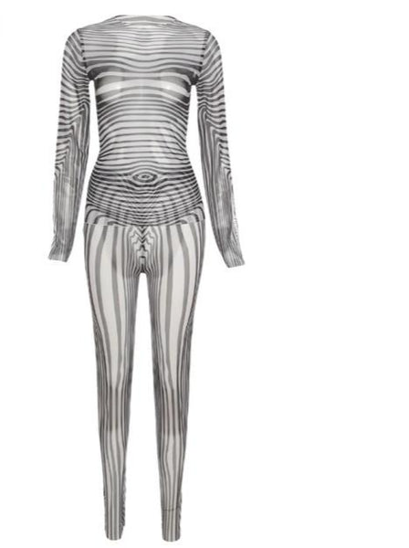 Women Mesh Striped Sexy Two Piece Fashion Pant Set